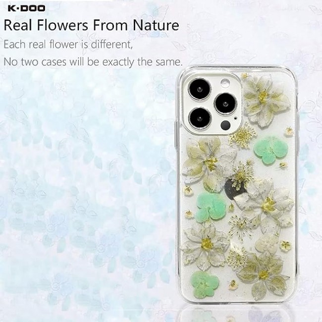 K-DOO For iPhone 12 pro max Flowers Series Case 3D Glitter Floral Shockproof Cover with Genuine Dried Flowers (iphone 12 pro max green)