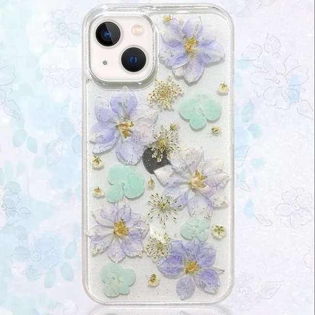 K-DOO For iPhone 13 Flowers Series Case 3D Glitter Floral Shockproof Cover with Genuine Dried Flowers (iphone 13 Green/Purple)