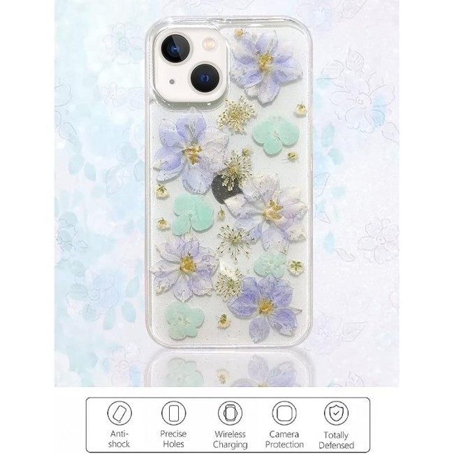K-DOO For iPhone 13 Flowers Series Case 3D Glitter Floral Shockproof Cover with Genuine Dried Flowers (iphone 13 Green/Purple)