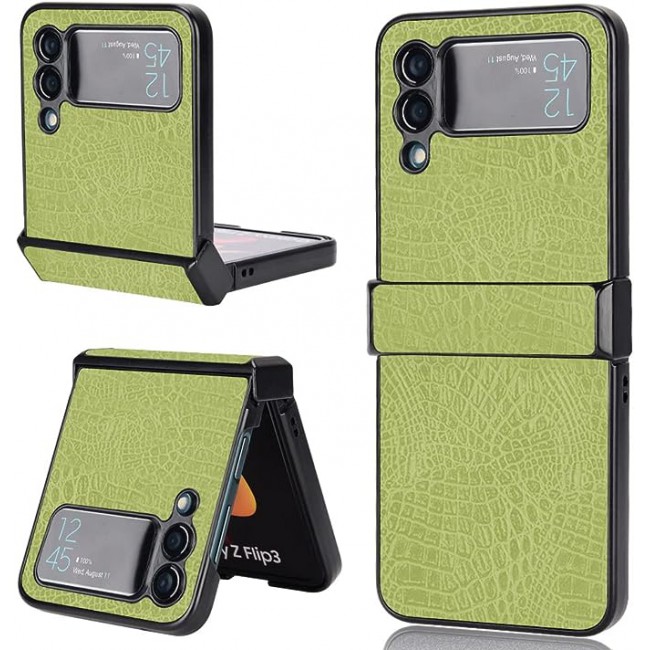 MARGOUN For Samsung Galaxy Z Flip 3 Luxury Leather Case Crocodile Skin Pattern Anti-Scratch Foldable Cover (Green)