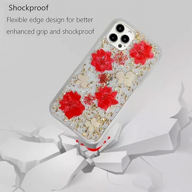 K-DOO For iPhone 12 pro max Flowers Series Case 3D Glitter Floral Shockproof Cover with Genuine Dried Flowers (Iphone 12 pro max Red/Gold)