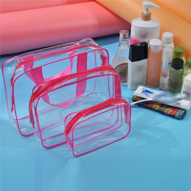 MARGOUN 3pcs Set Makeup Organizer PVC Cosmetic Bag Women Transparent Clear Zipper Bag Bath Wash Organizer Handbags Case Tools Accessories (Pink 3Pcs Set)