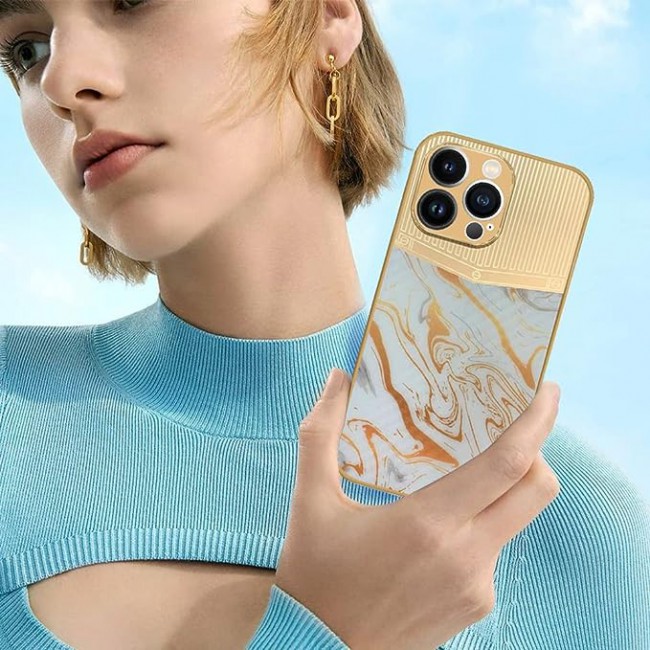 Joway For iPhone 13 Pro Luxury Gold Plated Case Hybrid Electroplated Frame Back Cover with Carbon Fiber Texture (IPhone 13 Pro White/Gold)