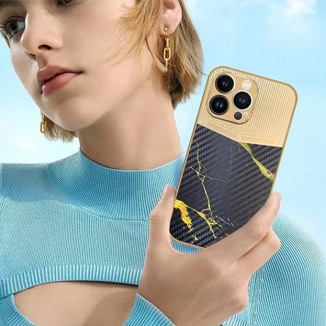 Joway For iPhone 13 pro Luxury Gold Plated Case Hybrid Electroplated Frame Back Cover with Carbon Fiber Texture (IPhone 13 pro Black/Gold)
