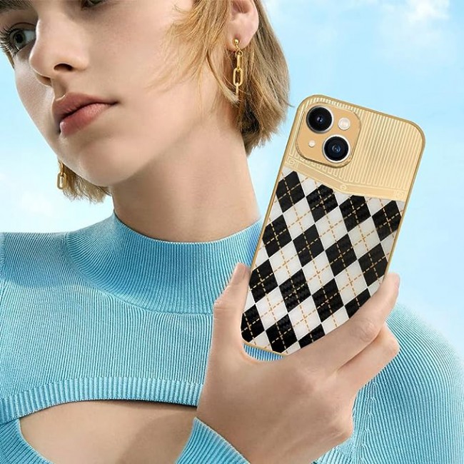Joway For iPhone 13 Luxury Gold Plated Case Hybrid Electroplated Frame Back Cover with Carbon Fiber Texture (IPhone 13 White/Black)