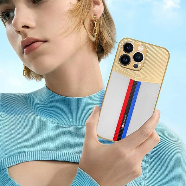 Joway For iPhone 13 Luxury Gold Plated Case Hybrid Electroplated Frame Back Cover with Carbon Fiber Texture (IPhone 13 White/Blue/Red)