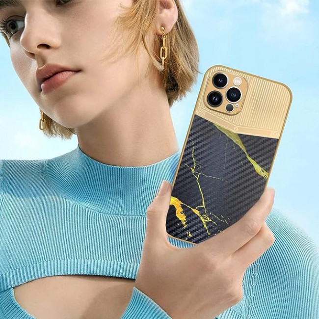 Joway For iPhone 12 pro max Luxury Gold Plated Case Hybrid Electroplated Frame Back Cover with Carbon Fiber Texture (IPhone 12 pro max Black/Gold)