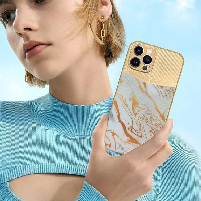Joway For iPhone 12 pro max Luxury Gold Plated Case Hybrid Electroplated Frame Back Cover with Carbon Fiber Texture (IPhone 12 pro max White/Gold)