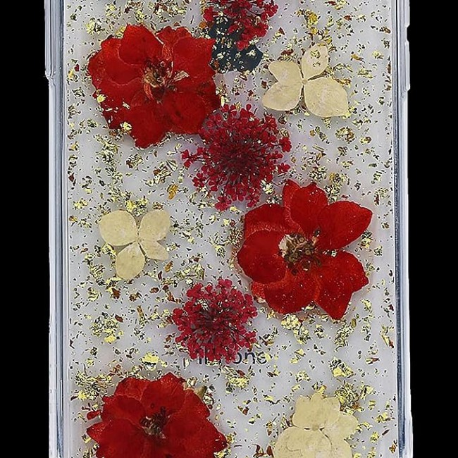 K-DOO For iPhone 13 Flowers Series Case 3D Glitter Floral Shockproof Cover with Genuine Dried Flowers (iphone 13 Red/Gold)