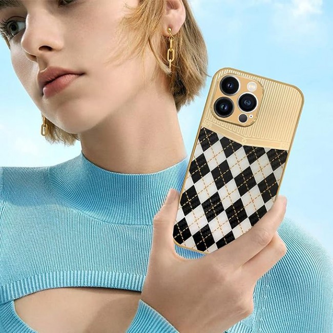 Joway For iPhone 13 Pro Luxury Gold Plated Case Hybrid Electroplated Frame Back Cover with Carbon Fiber Texture (IPhone 13 Pro White/Black)