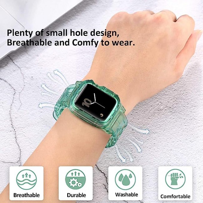 MARGOUN Clear Sports Band for Watch Band 45mm 44mm 42mm TPU Strap Case for iWatch Series 7/SE/6/5/4/3/2/1 Soft Thin Silicone Replacement Strap Cover Protector - Green