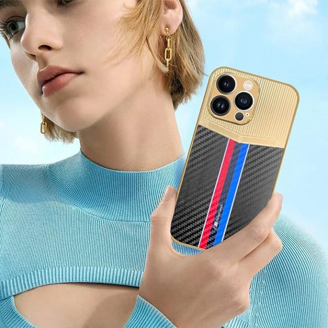 Joway For iPhone 13 pro Luxury Gold Plated Case Hybrid Electroplated Frame Back Cover with Carbon Fiber Texture (IPhone 13 pro Black/Blue/Red)