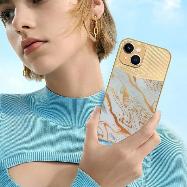 Joway For iPhone 13 Luxury Gold Plated Case Hybrid Electroplated Frame Back Cover with Carbon Fiber Texture (IPhone 13 White/Gold)