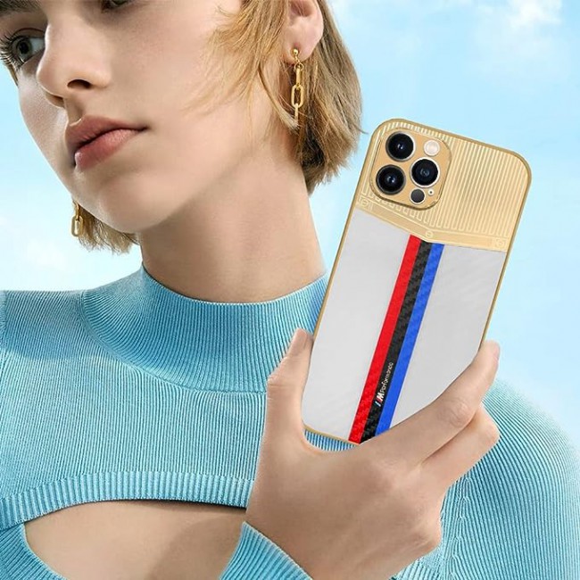 Joway For iPhone 12 pro max Luxury Gold Plated Case Hybrid Electroplated Frame Back Cover with Carbon Fiber Texture (IPhone 12 pro max White/Blue/Red)