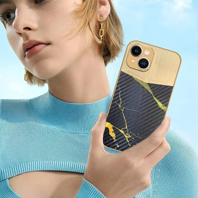 Joway For iPhone 13 Luxury Gold Plated Case Hybrid Electroplated Frame Back Cover with Carbon Fiber Texture (IPhone 13 Black/Gold)