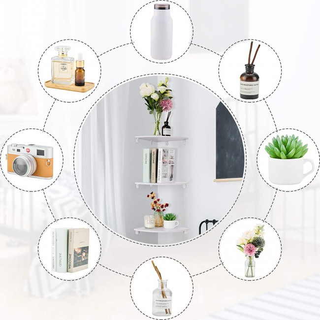 MARGOUN 3-Tier Corner Shelf Floating Wall Mount, Quarter Round Storage Shelves Corner Organizer for Bathroom Kitchen Bedroom Living Room (16 cm, white)