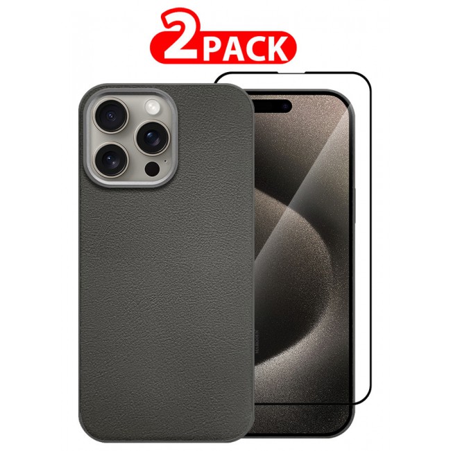 MARGOUN for iPhone 15 Pro 2 Pack Case Cover and Screen Protector Leather Case with Lens Frame Shockproof Full Body Protective Cover Crimson