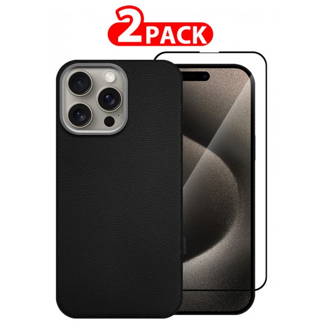 MARGOUN for iPhone 15 Pro Max 2 Pack Case Cover and Screen Protector Leather Case with Lens Frame Shockproof Full Body Protective Cover Black