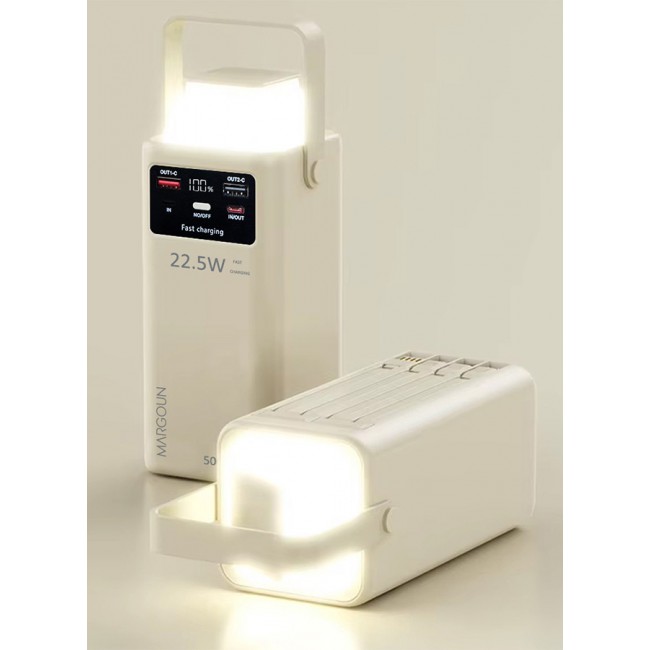 MARGOUN for 50000mAh PD Power Bank with LED Display and 22.5W Fast Charging with 4 Built-in Cables and Camping Lamp - Beige