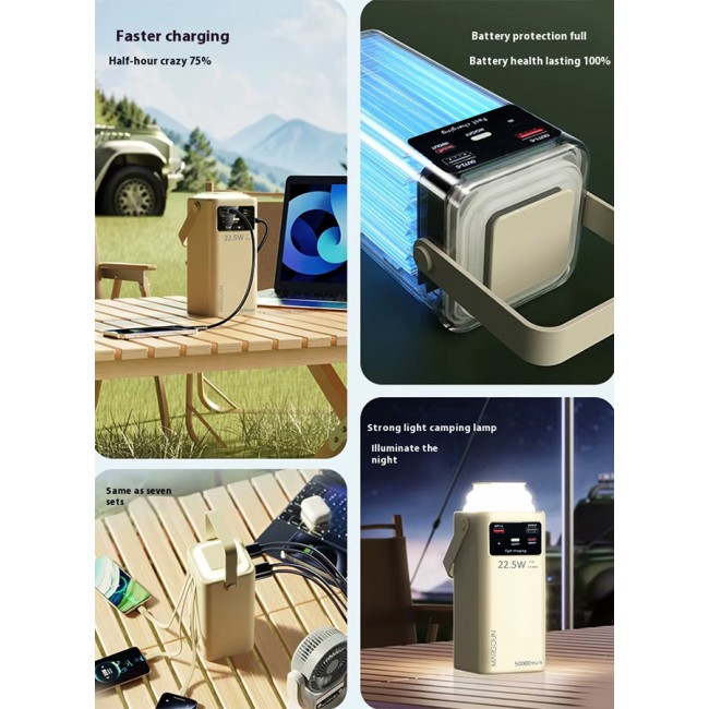 MARGOUN for 2Packs 50000mAh PD Power Bank with LED Display and 22.5W Fast Charging with 4 Built-in Cables and Camping Lamp - Beige