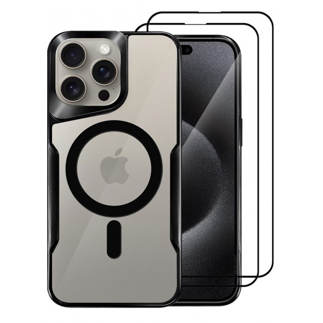CATANES 3 Pack for iPhone 15 Pro Max Case and 2 Screen Protectors Magnetic Phone Case Slim Shockproof Cover New Design Electroplated Case Cover Black