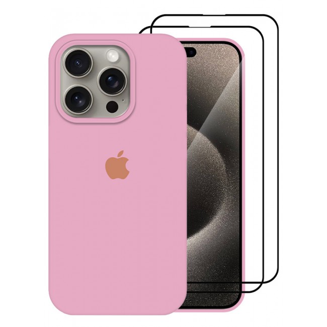 CATANES 3 Pack For iPhone 15 Pro Case and 2 Screen Protectors Silicone Case Full Body Protective Cover Shockproof Slim Phone Case Anti-Scratch Soft Microfiber Lining Pink
