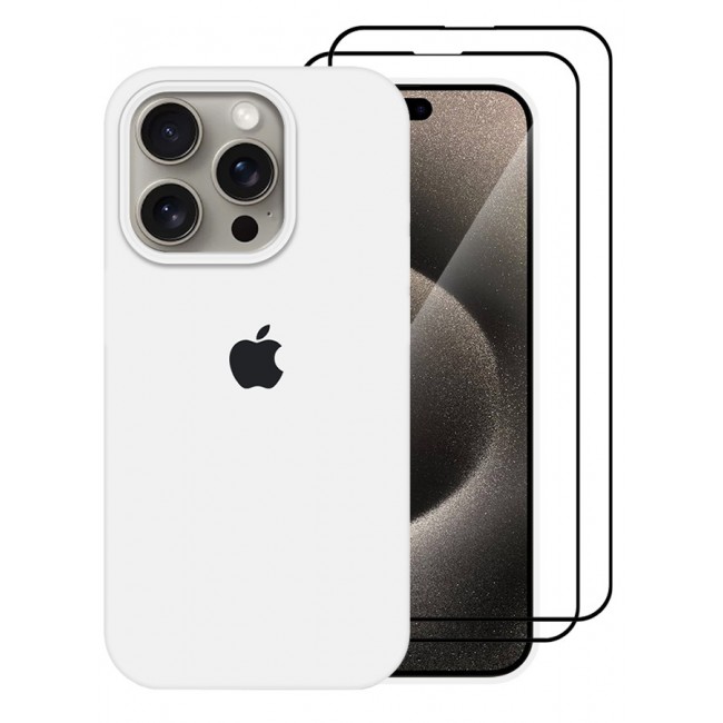 CATANES 3 Pack For iPhone 15 Pro Case and 2 Screen Protectors Silicone Case Full Body Protective Cover Shockproof Slim Phone Case Anti-Scratch Soft Microfiber Lining White