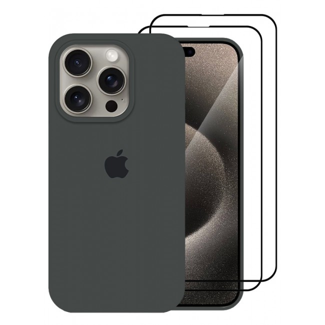 CATANES 3 Pack For iPhone 15 Pro Case and 2 Screen Protectors Silicone Case Full Body Protective Cover Shockproof Slim Phone Case Anti-Scratch Soft Microfiber Lining Grey
