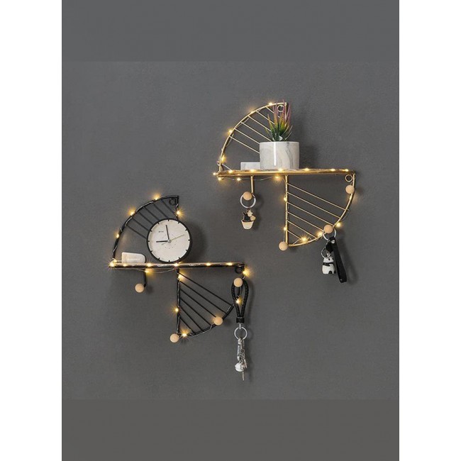 MARGOUN 2 Pack Floating Shelves Wall Mounted Hanging Shelf Fan Shaped for Wall Décor Storage Shelves Metal Bracket and Reclaimed Metal Shelf for Living Room Bedroom Bathroom Kitchen Black / Gold