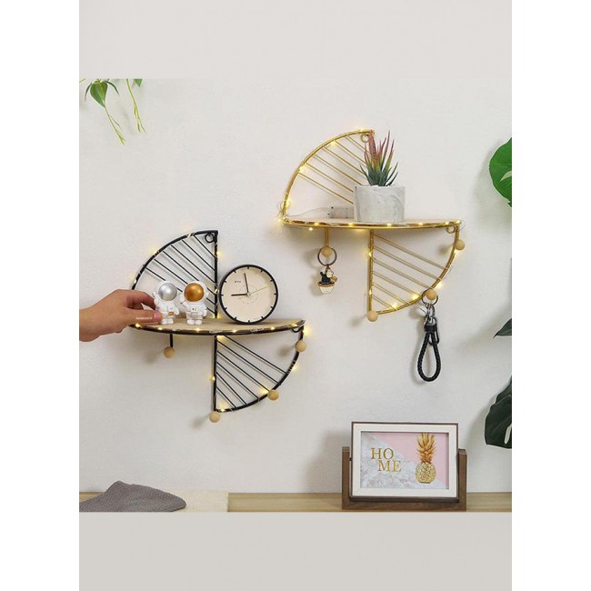 MARGOUN 2 Pack Floating Shelves Wall Mounted Hanging Shelf Fan Shaped for Wall Décor Storage Shelves Metal Bracket and Reclaimed Metal Shelf for Living Room Bedroom Bathroom Kitchen Black / Gold