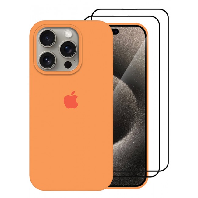CATANES 3 Pack For iPhone 15 Pro Case and 2 Screen Protectors Silicone Case Full Body Protective Cover Shockproof Slim Phone Case Anti-Scratch Soft Microfiber Lining Orange