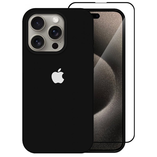 CATANES 2 Pack For iPhone 15 Pro Case and Screen Protector Silicone Case Full Body Protective Cover Shockproof Slim Phone Case Anti-Scratch Soft Microfiber Lining Black