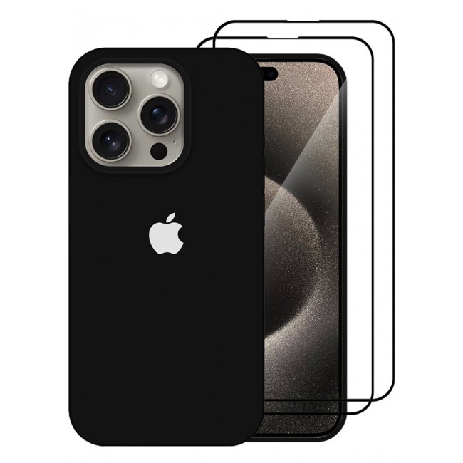 CATANES 3 Pack For iPhone 15 Pro Case and 2 Screen Protectors Silicone Case Full Body Protective Cover Shockproof Slim Phone Case Anti-Scratch Soft Microfiber Lining Black