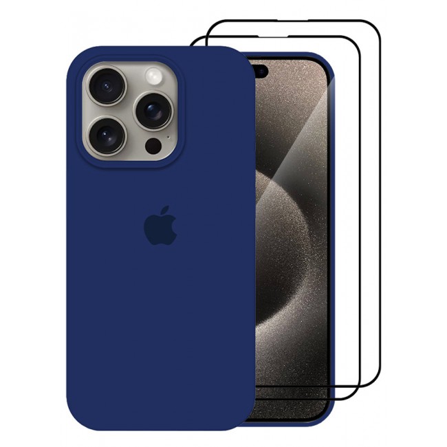 CATANES 3 Pack For iPhone 15 Pro Case and 2 Screen Protectors Silicone Case Full Body Protective Cover Shockproof Slim Phone Case Anti-Scratch Soft Microfiber Lining Blue