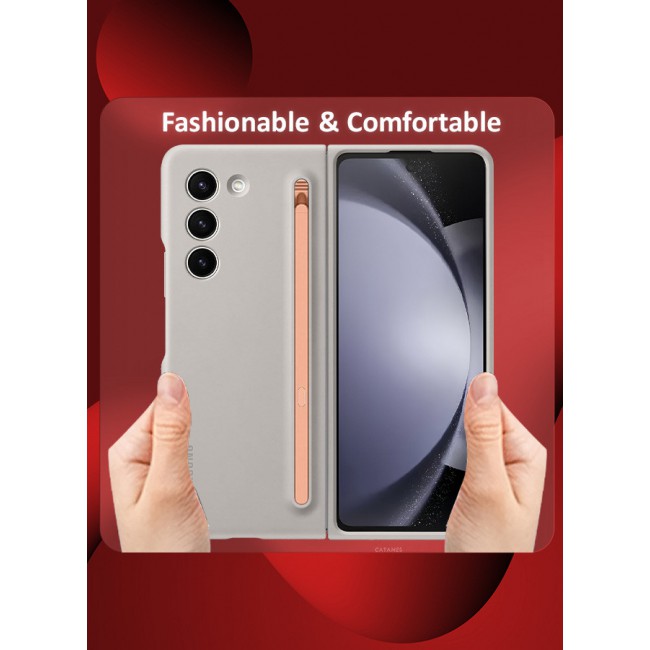 CATANES for Samsung Galaxy Z Fold 5 Case with Screen Protector Ultra Hybrid Premium Case with Built-in New Compact S Pen, Holder and Storage Slot for Pen Sand Grey