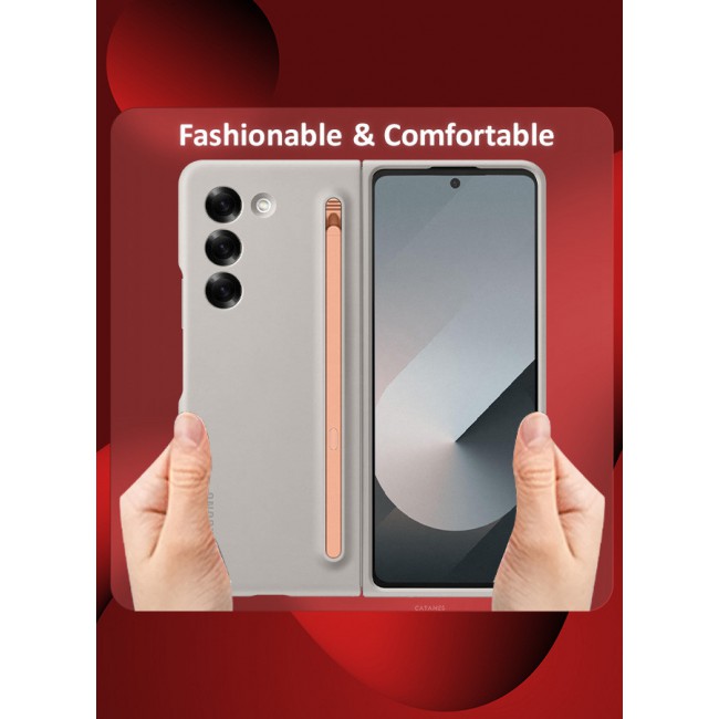 CATANES for Samsung Galaxy Z Fold 6 Case with Screen Protector Ultra Hybrid Premium Case with Built-in New Compact S Pen, Holder and Storage Slot for Pen Sand Grey
