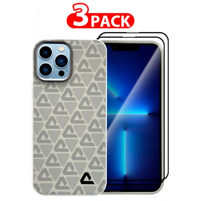 MARGOUN for iPhone 13 Pro Max 3 Pack Case and 2 Screen Protectors Leather Back Cover Triangle Pattern Shockproof Protective Phone Case Light Beige