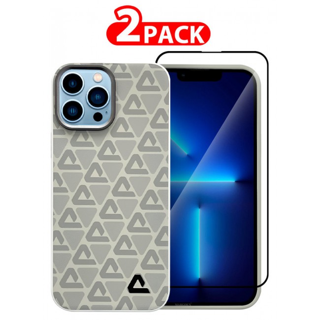 MARGOUN for iPhone 13 Pro Max 2 Pack Case and Screen Protector Leather Back Cover Triangle Pattern Shockproof Protective Phone Case Light Beige