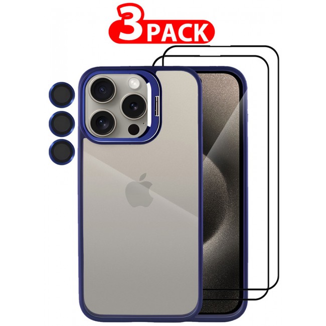 CATANES 3 Pack iPhone 15 Pro Case Cover and Lens Protector and 2 Screen Protectors Built-in Camera Stand and Compatible with MagSafe Full Body Shockproof Case Clear Blue