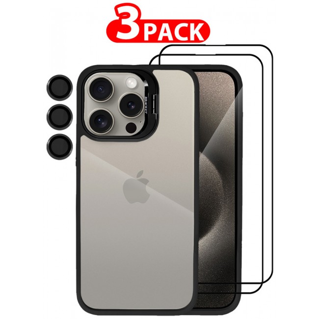 CATANES 3 Pack iPhone 15 Pro Case Cover and Lens Protector and 2 Screen Protectors Built-in Camera Stand and Compatible with MagSafe Full Body Shockproof Case Clear Black