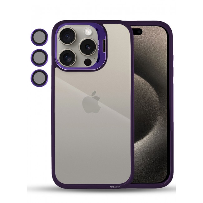 CATANES iPhone 15 Pro Case Cover and Lens Protector Built-in Camera Stand and Compatible with MagSafe Full Body Shockproof Case Clear Purple