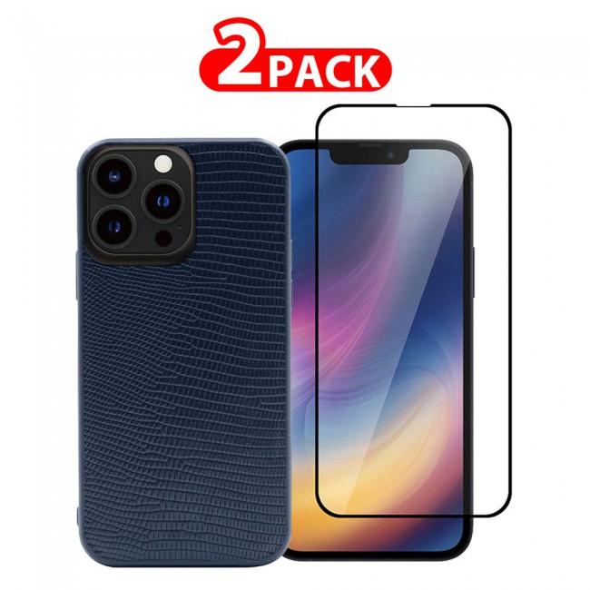 MARGOUN 2 Pack for iPhone 13 Pro Max Case Cover with Screen Protector Tempered Glass, Full Protection Back Case Snake Skin Leather - Dark Blue