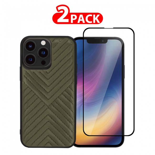 MARGOUN 2 Pack for iPhone 13 Pro Max Case Cover with Screen Protector Tempered Glass, Full Protection Back Case Leather Dale Collection - Green