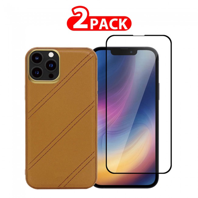 MARGOUN 2 Pack for iPhone 13 Pro Max Case Cover with Screen Protector Tempered Glass, Full Protection Back Case Dale Series - Brown