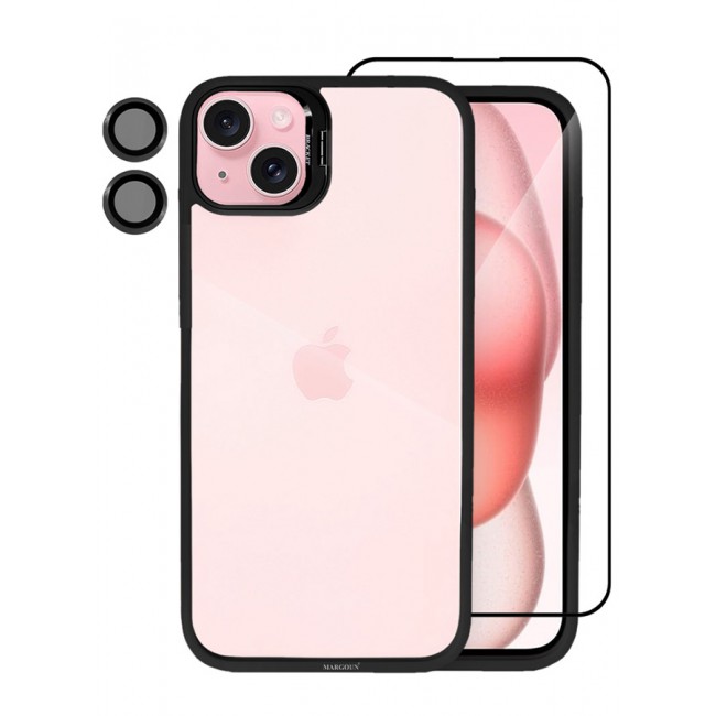 CATANES 2 Pack iPhone 15 Plus Case Cover and Lens Protector and Screen Protector Built-in Camera Stand and Compatible with MagSafe Full Body Shockproof Case Clear Black