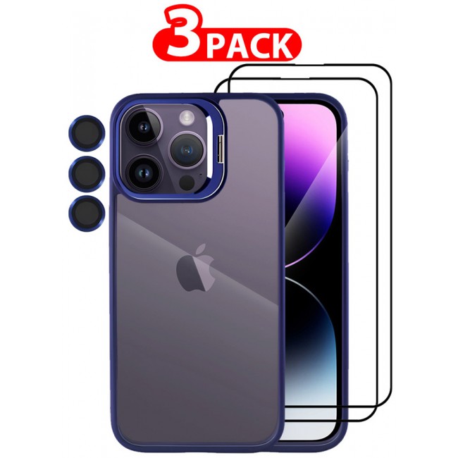 CATANES 3 Pack iPhone 14 Pro Case Cover and Lens Protector and 2 Screen Protectors Built-in Camera Stand and Compatible with MagSafe Full Body Shockproof Case Clear Blue