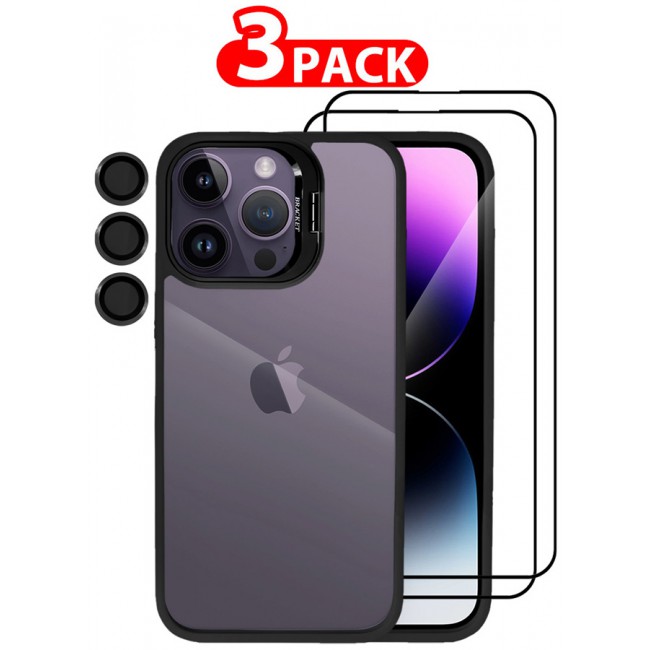 CATANES 3 Pack iPhone 14 Pro Case Cover and Lens Protector and 2 Screen Protectors Built-in Camera Stand and Compatible with MagSafe Full Body Shockproof Case Clear Black