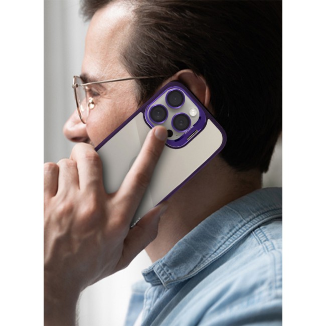 CATANES iPhone 15 Pro Case Cover and Lens Protector Built-in Camera Stand and Compatible with MagSafe Full Body Shockproof Case Clear Purple