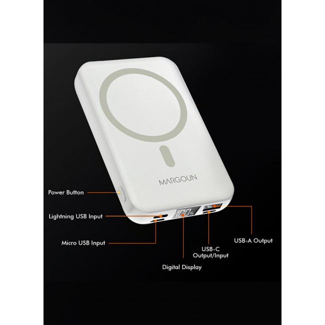 MARGOUN Magnetic Battery Pack 10000mAh Wireless Charging Power Bank with Cable Slim Light-Weight Wireless Charger with LED Indicator White