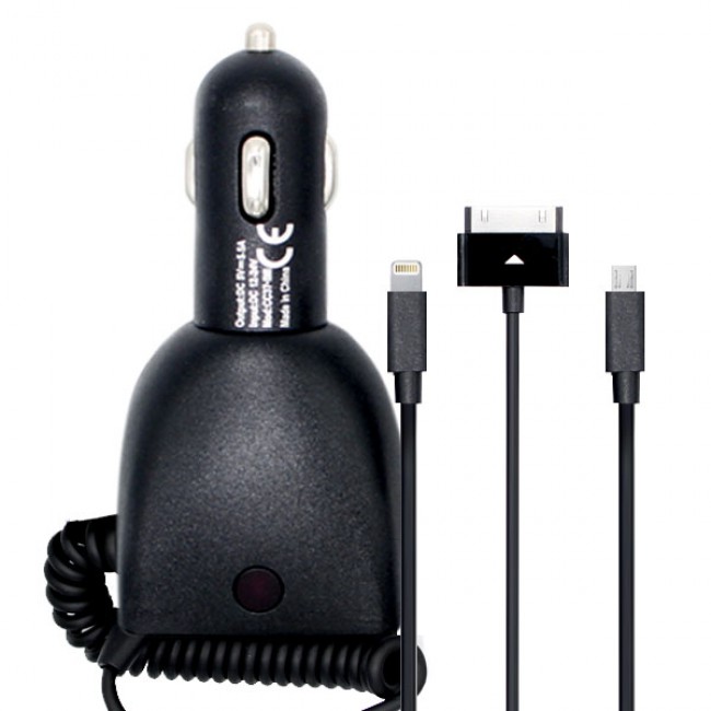Universal Car Charger with Apple 30 Pin Cable, Micro USB, Apple 16 Pin and Dual USB Port